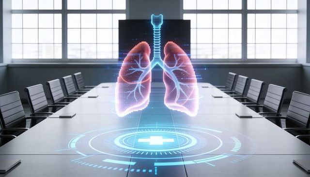 Holographic ai lungs hovering over boardroom table with medical hud health presentation