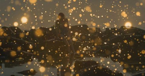 Woman in Jacket With Glowing Particles at Dusk Beachscape