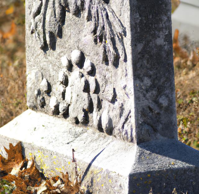 This shows a close-up of a weathered stone monument with intricate carvings. The age and texture of the monument highlight its historical significance, creating a timeless feel. Accentuated by the presence of fallen autumn leaves and sunlight, this image can be used for heritage conservation projects, historical presentations, or detailing ancient architectural studies.