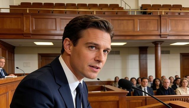 Confident attorney addressing courtroom lectern with focused jury, judge bench, legal drama