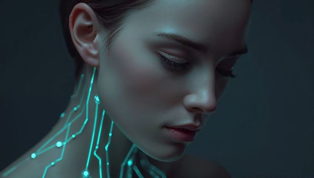 Futuristic cyborg woman with glowing turquoise circuit neck and metallic eyelids