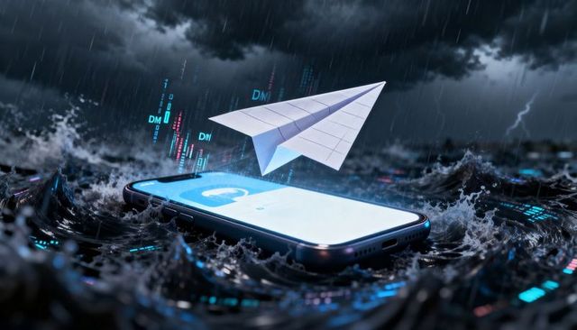 Smartphone sending holographic data paper plane over stormy ocean with neon code streaming