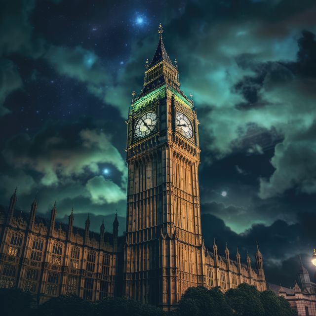 Suitable for travel websites, brochures, and articles highlighting famous landmarks in London or the United Kingdom. Ideal for promoting tourism, historical architecture, and as a striking visual in galleries or social media posts focusing on nighttime photography.