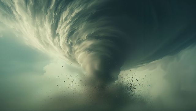 Powerful tornado funnel cloud with swirling debris and dramatic sky