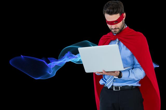 Digital composite of Digital composite image of businessman in super hero using laptop