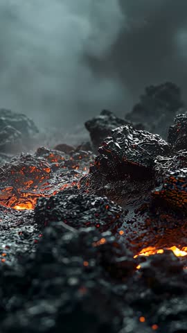 Pulsing glossy cracked lava crust revealing glowing magma pockets and ash plumes, vertical video