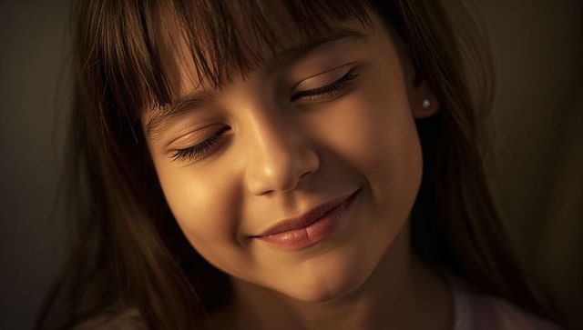 Closeup of young girl smiling with eyes closed warm soft light calm intimate portrait