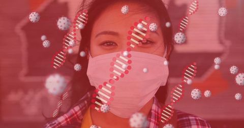 Woman in Face Mask with DNA and Virus Icons Highlighting Pandemic Awareness