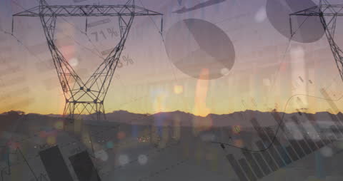 Financial Overlay on Energy Infrastructure with Sunset Background