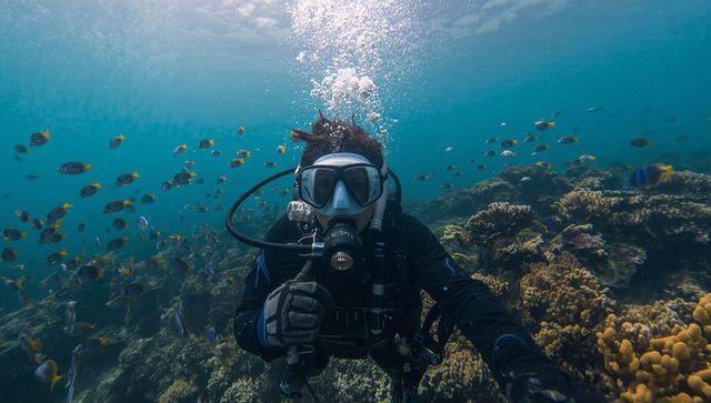Scuba Diver Exploring Vibrant Coral Reef in Clear Waters