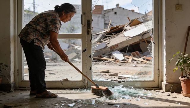 Senior woman sweeping shattered glass at damaged doorway amid collapsed building rubble