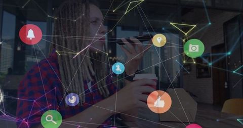 Man engaging with social media in modern café environment