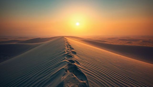 Serene Sand Dune Sunset with Rippled Patterns in Vast Desert