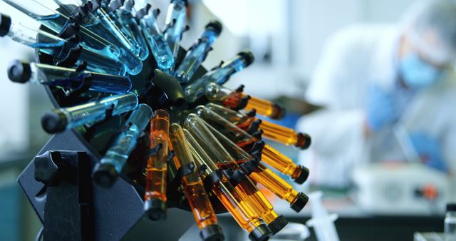 Colorful Test Tubes in Laboratory with Scientist Working in Background - Download Free Stock Images Pikwizard.com