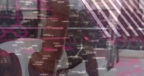 Gym Setting Shows Business Terms in Digital Interface