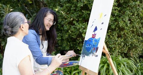 Asian Mother-Daughter Team Creating Art in Serene Garden Setting