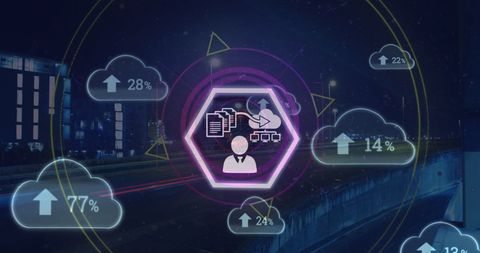 futuristic cloud technology symbols over nighttime urban scene - Download Free Stock Images Pikwizard.com