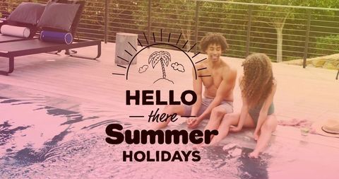 Hello summer holidays graphic over young couple relaxing by pool deck, tropical vacation