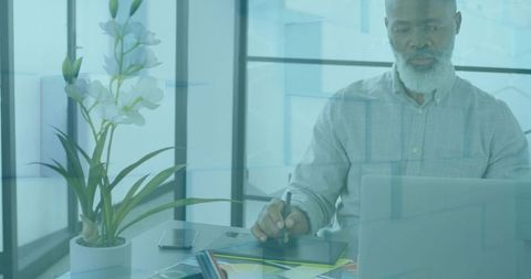 Senior professional using pen tablet and laptop in modern glass office with orchid plant