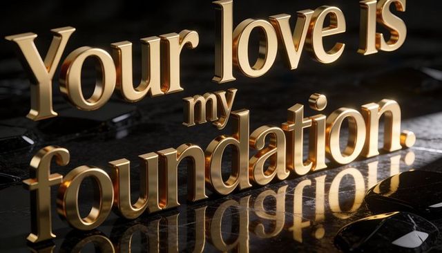Gold 3d typography your love is my foundation on glossy black marble with reflections