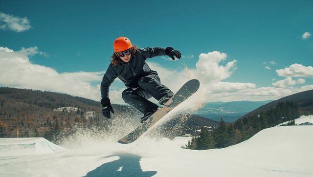 Snowboarder jumping off snow ramp in mountain landscape