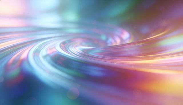 Iridescent swirl of glossy liquid flowing gradient colors with bokeh glow