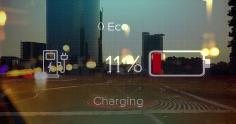 Electric Car Charging with Eco Technology Overlay in Urban Cityscape