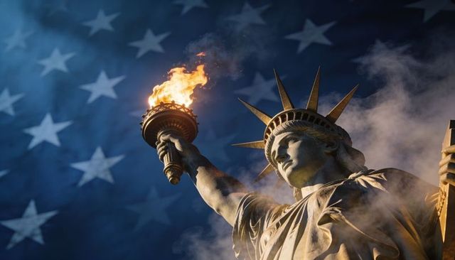 Statue of liberty holding torch at dusk with american flag stars backdrop