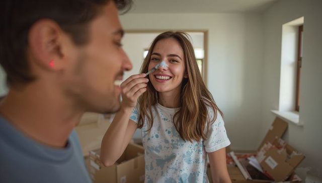 Playful couple painting new room during home renovation
