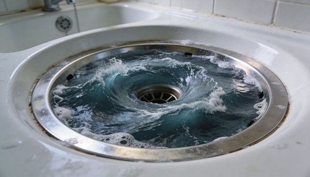 Swirling drain vortex pulling water and foam into stainless-steel kitchen sink strainer