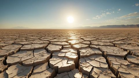 Cracked dry earth from prolonged drought in sunlit desert basin