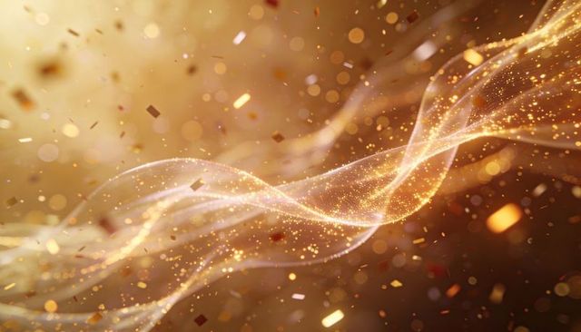 Luminous golden ribbon flowing with sparkling particles and bokeh for luxury background