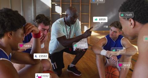 Coach Coaching Team Huddle on Hardwood Court with Social Media Engagement Overlay