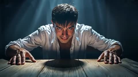 Man leaning on wooden table under spotlight, staring intensely, building suspenseful thriller mood