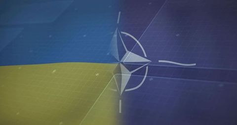 NATO Emblem Overlay on Ukraine Flag in Digital Tech Style