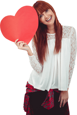 Happy Woman Holding Red Heart Smiling Cheerfully Transparent Background