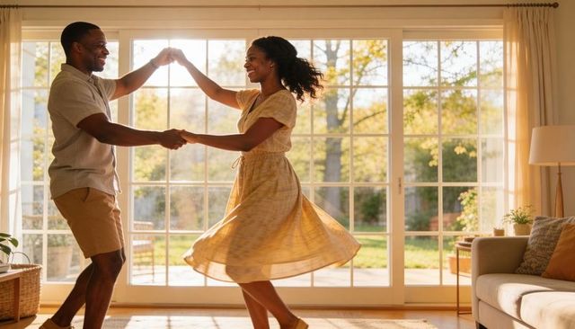Sunlit living room couple dancing and twirling by sliding glass doors during golden hour