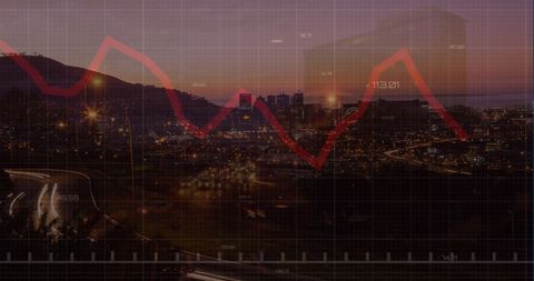 glowing cityscape with superimposed financial trends at sunset - Download Free Stock Images Pikwizard.com