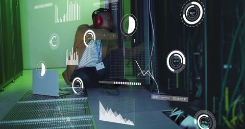 Businessman Analyzing Digital Financial Data in Server Room