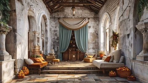 Mediterranean stone lounge with vintage decor and teal drapes