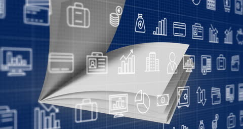 Digital Interface with Media and Data Icons on Blue Background