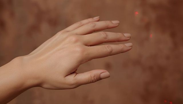 Adult hand with neutral manicure reaching across warm brown background with red laser dots