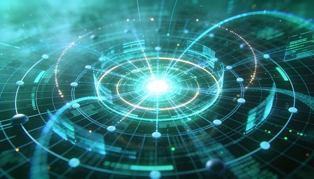 Emitting holographic interface with radiant core, orbital data rings and futuristic grid
