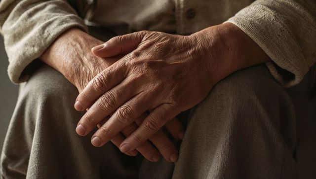 Elderly hands resting on lap showing wrinkles and veins for aging care and comfort