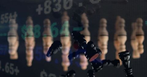 Shattering black chess pieces with wooden pawn row and neon financial ticker