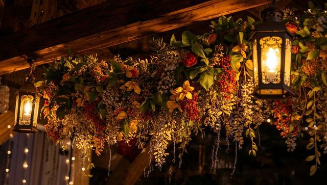 Rustic lantern-lit floral garland draping from wooden beam, glowing warm bokeh lights