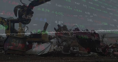 Global Economy Concept with Stock Data and Hydraulic Junkyard Machine