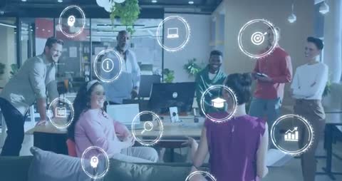 Diverse Team Brainstorming with Digital Symbols in Modern Office