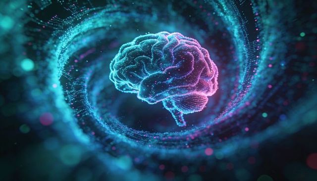 Holographic brain floating in neon particle vortex, emitting cybernetic neural energy