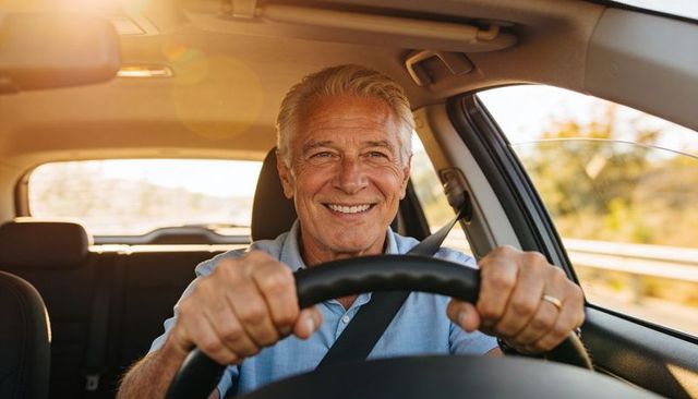 Smiling senior man driving car wearing seatbelt and wedding ring